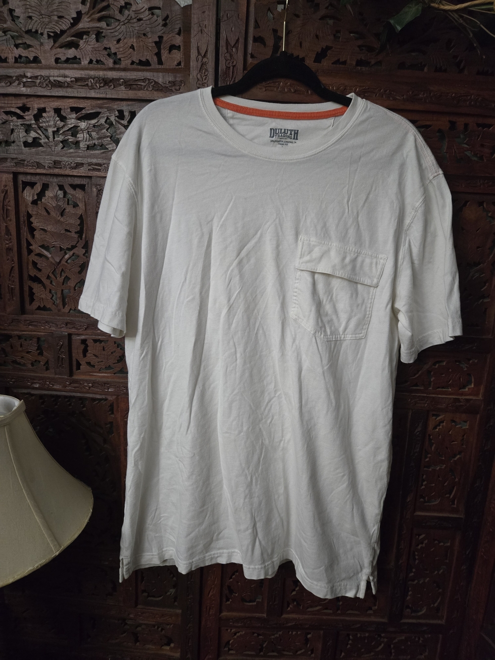 Duluth Trading Co White Short-Sleeve Pocket T-Shirt with Orange Neck Trim